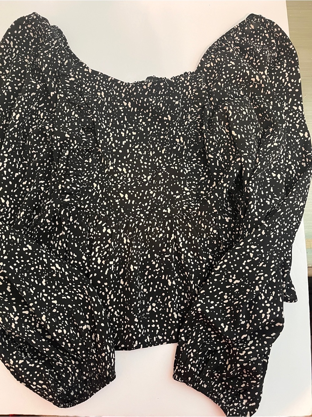 Very J Black Crop Peasant Top with Cream Spot Print Size S